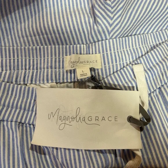 Magnolia Grace Stretch Linen Pull On Pants in Blue and White Stripes Size L - Picture 3 of 5